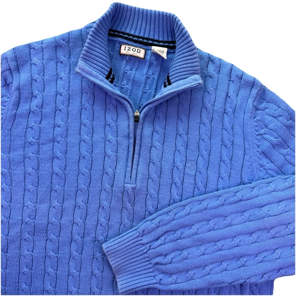 IZOD Men's Quarter Zip Sweater Size Large‎ Sky Blue Cable Knit Cotton Mock Neck
